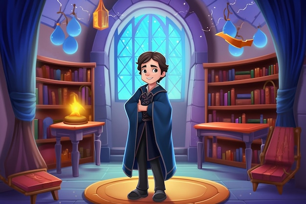 Um avatar com uma túnica de feiticeiro a frequentar uma academia de magia gerada pela IA.