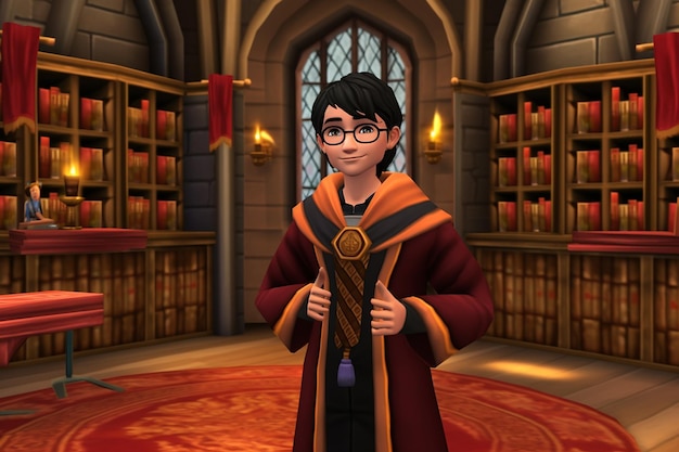Um avatar com uma túnica de feiticeiro a frequentar uma academia de magia gerada pela IA.