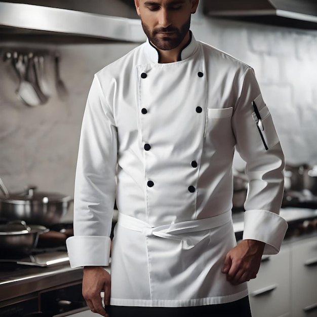 Um avental de chef branco e limpo, fotografia, jaqueta de chef, avental, cena, conceito de sessão fotográfica