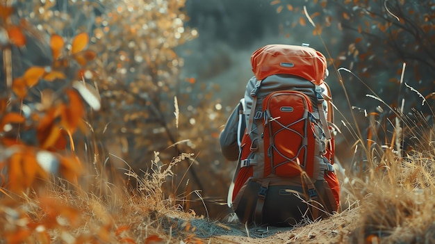 Um aventureiro com uma mochila laranja está sentado em uma rocha no meio de uma floresta a mochila está cheia de equipamentos de acampamento
