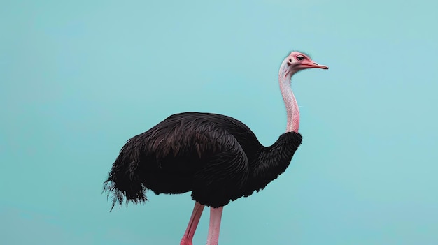 Foto um avestruz alto está erguido no deserto seu pescoço longo está estendido e seu bico está aberto as penas do avestruz são escuras e sua pele é rosa