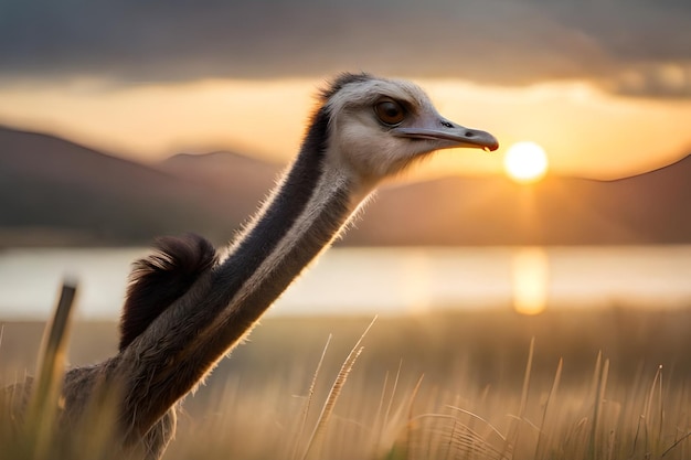 Foto um avestruz em um campo ao pôr do sol