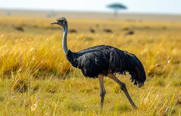 Foto um avestruz macho solitário caminha pela grama alta da savana