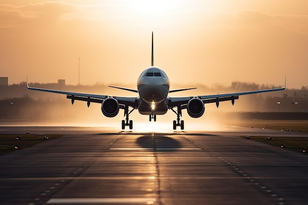 Um avião a aterrar num aeroporto