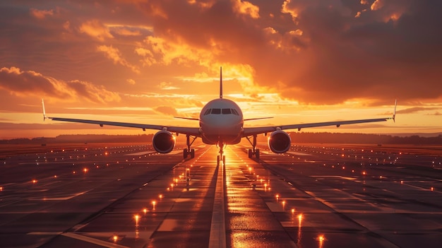 Foto um avião a jato comercial a aterrar numa pista durante um pôr-do-sol vibrante