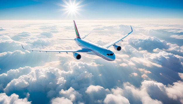 Foto um avião a jato comercial colorido voando alto acima de nuvens brancas espalhadas em um sol brilhante