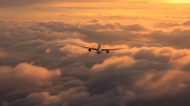 Um avião a jato voa alto acima das nuvens ao pôr-do-sol o céu é laranja escuro e as nuvens são rosa claro