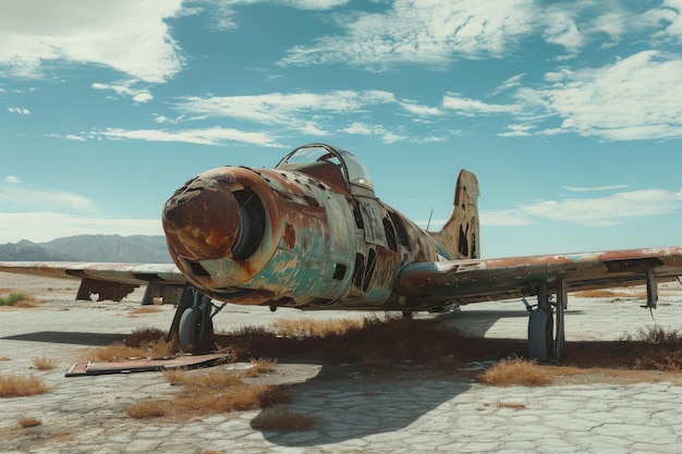 Um avião abandonado coberto de ferrugem senta-se imóvel em cima de um campo de grama seca um velho avião de combate enferrujado esquecido em um aeródromo deserto AI gerado