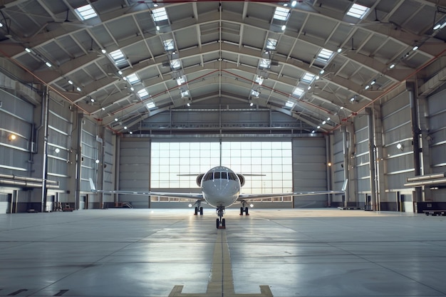 Foto um avião branco está sentado em um grande hangar