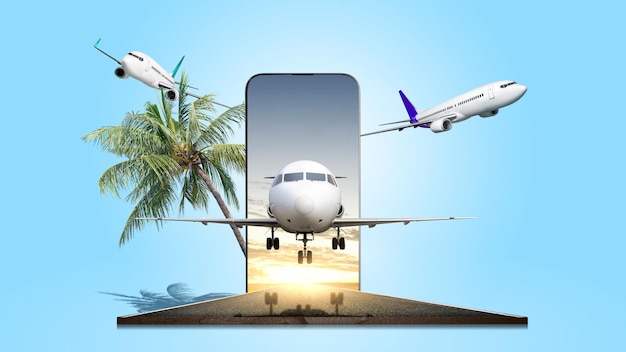 Um avião comercial a aterrar na pista através de uma tela de telefone móvel com um fundo de cena de pôr-do-sol