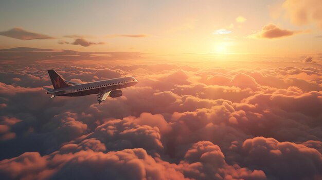 Um avião comercial de passageiros voa entre as nuvens ao pôr-do-sol O sol que se põe lança um brilho quente sobre as nuvens e o avião