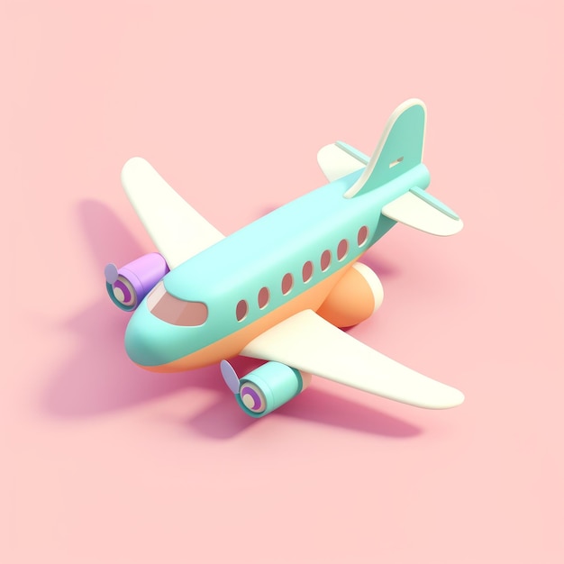 Um avião de brinquedo com uma cauda azul está sobre um fundo rosa.