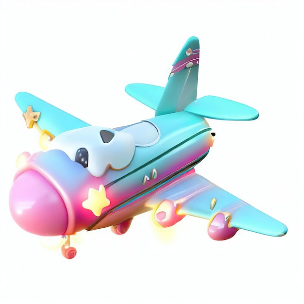 Um avião de brinquedo com uma estrela na cauda tem uma cauda azul.