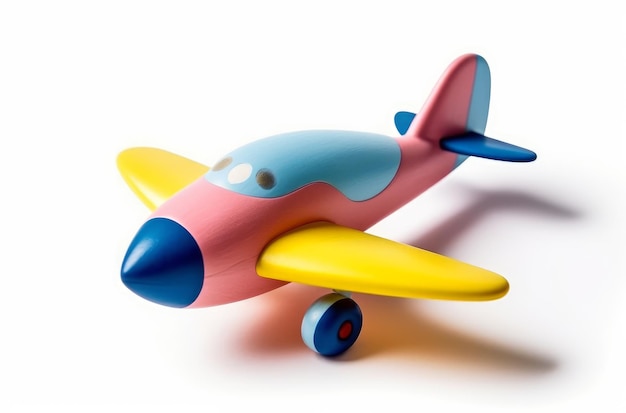 Um avião de brinquedo rosa e amarelo com um nariz azul e um nariz amarelo.