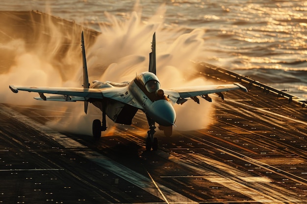 Foto um avião de combate a decolar de um porta-aviões