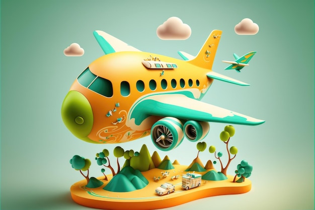 Um avião de desenho animado 3d representa viagens sumer