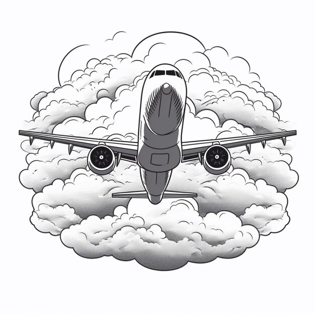 Foto um avião de desenho animado voando através das nuvens com um fundo de céu generativo ai