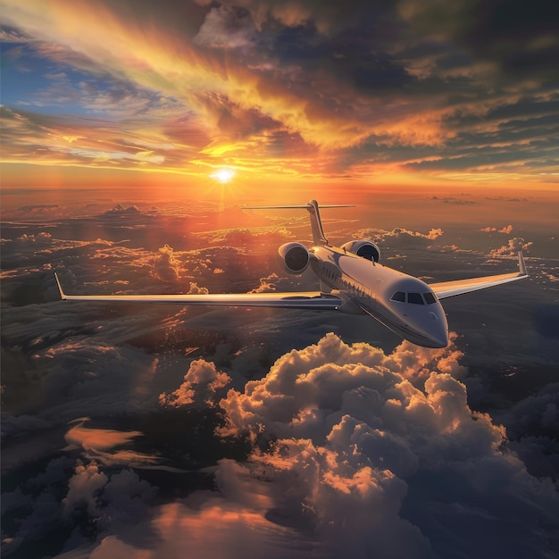 Foto um avião de jato privado de luxo sobrevoando céus nublados ao pôr do sol