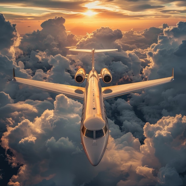Foto um avião de jato privado de luxo sobrevoando céus nublados ao pôr do sol