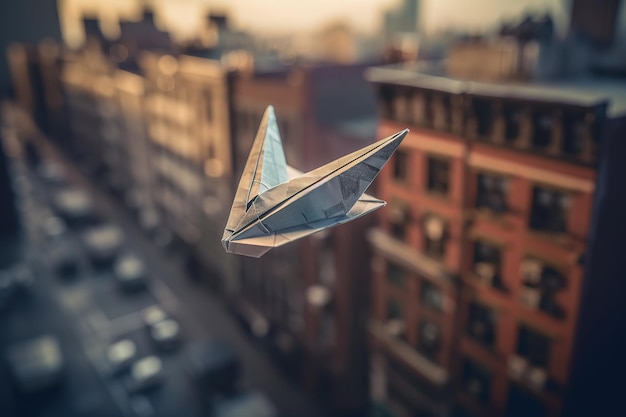 Um avião de papel voa no meio de uma metrópole generativa ai