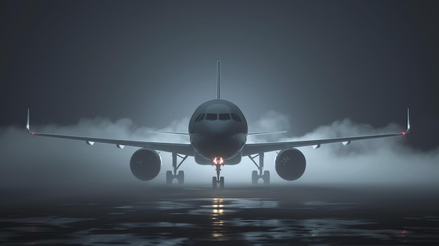 Um avião de passageiros a jato está decolando de uma pista à noite. O avião é iluminado pelas luzes da pista e a água na pista está refletindo a luz.