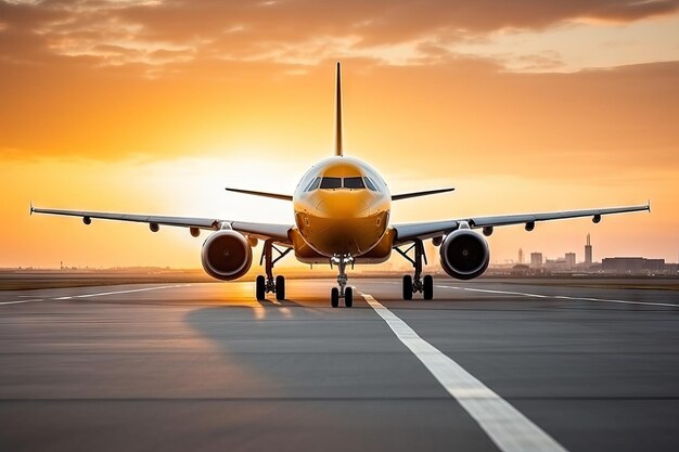 Um avião de passageiros Boeing está na pista do aeroporto de transporte aéreo de passageiros