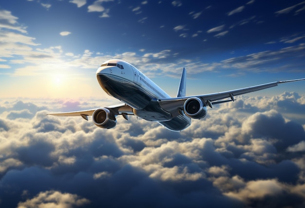um avião de passageiros boeing está voando pelo céu acima de um céu cheio de nuvens no estilo de fotorealismo branco escuro e prata