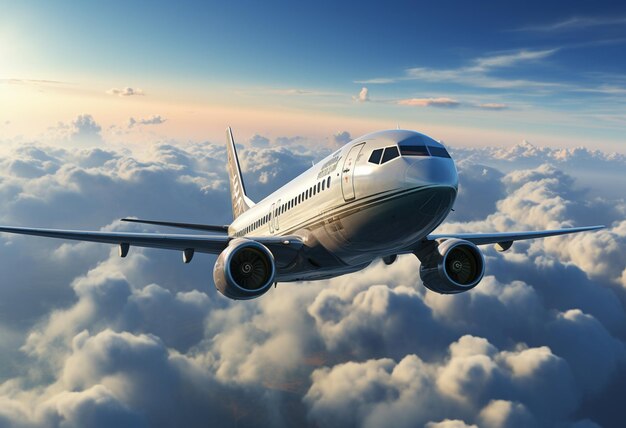 um avião de passageiros boeing está voando pelo céu acima de um céu cheio de nuvens no estilo de fotorealismo branco escuro e prata