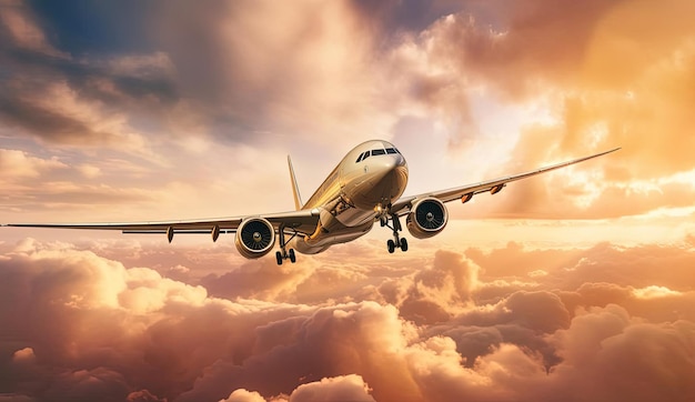 um avião de passageiros branco no ar com nuvens coloridas acima dele no estilo de ouro escuro