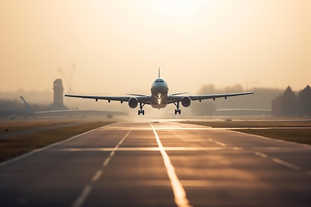 Um avião decolando de uma pista com o sol se pondo atrás dele