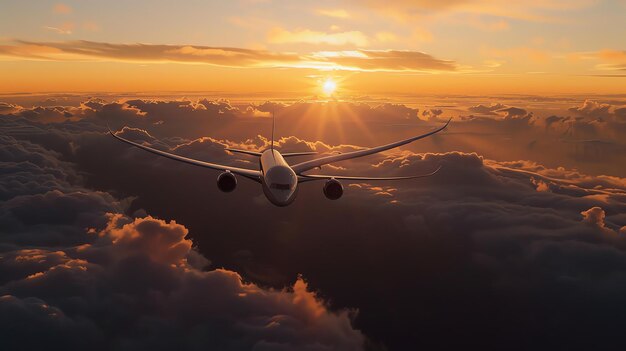 Foto um avião elegante e sofisticado voa pelo céu acima de um mar de nuvens banhado no caloroso brilho do sol que se põe