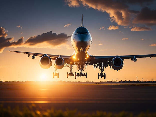 Um avião em uma pista com o cenário do pôr do sol