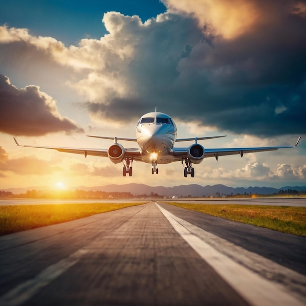 Foto um avião está a decolar de uma pista de pouso de um aeroporto.