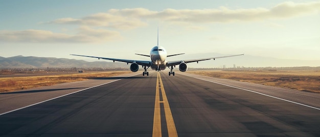 Foto um avião está decolando de uma pista com as palavras decolar