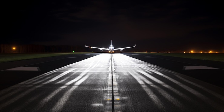 Foto um avião está em uma pista à noite com as luzes acesas.