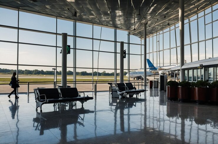 Foto um avião está estacionado em um edifício com muitas cadeiras e um sinal que diz citação internacional