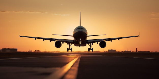 Um avião está prestes a decolar da pista ao pôr do sol.