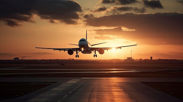 Um avião está prestes a pousar ao pôr do sol.