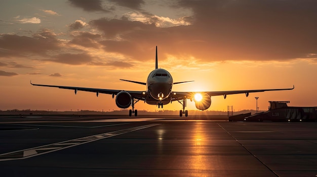 Um avião está prestes a pousar ao pôr do sol.