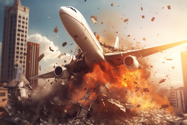 Um avião está voando em uma cidade destruída