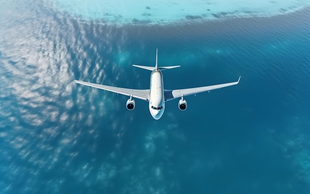 Um avião está voando sobre o oceano e o céu está azul.