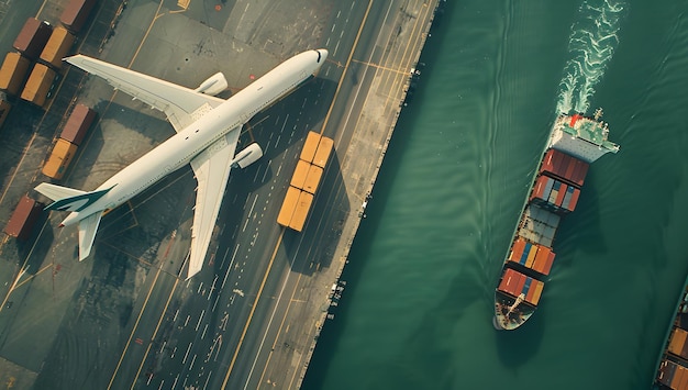 um avião está voando sobre um barco e um barco está atracado