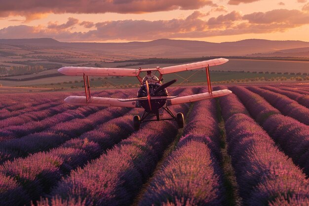 Um avião está voando sobre um campo de lavanda.