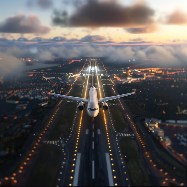 Foto um avião está voando sobre uma cidade com as luzes acesas