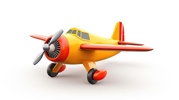 Um avião modelo amarelo e vermelho com uma hélice.