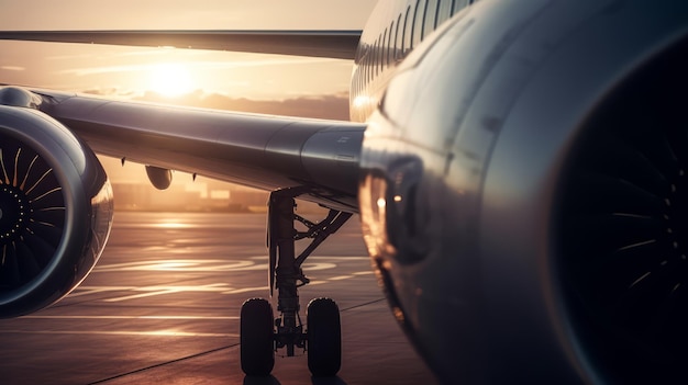 Um avião na pista ao pôr do sol