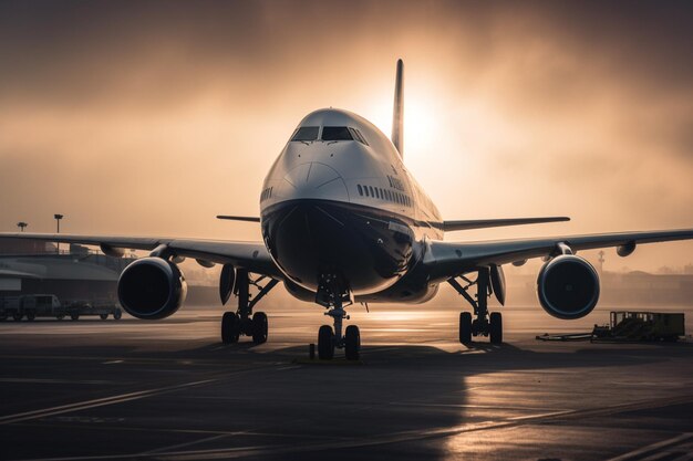 Um avião na pista ao pôr do sol