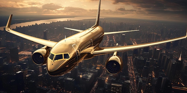 Foto um avião no meio de uma cidade no estilo do ouro