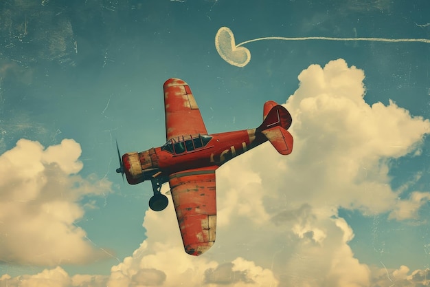 Um avião vermelho voa através de um céu azul nublado deixando para trás uma faixa de escape branco um avião vintage escrevendo um coração AI gerado