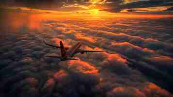 Foto um avião voa alto acima das nuvens ao pôr-do-sol o céu é laranja escuro e as nuvens estão iluminadas com um brilho dourado